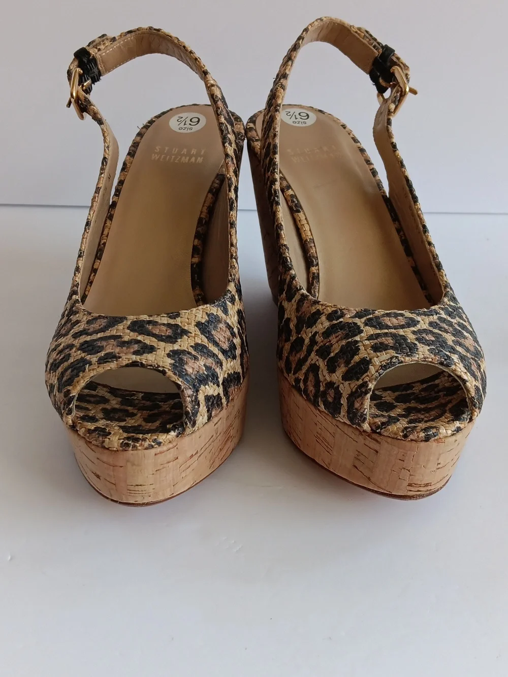 Stuart Weitzman"Jean" Leopard Print Cork Wedge Slingbacks Peep-toe 6.5 M( EUC) - Picture 1 of 16